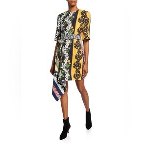 Oscar de la Renta Black and Mustard Mixed-Print Mini Dress